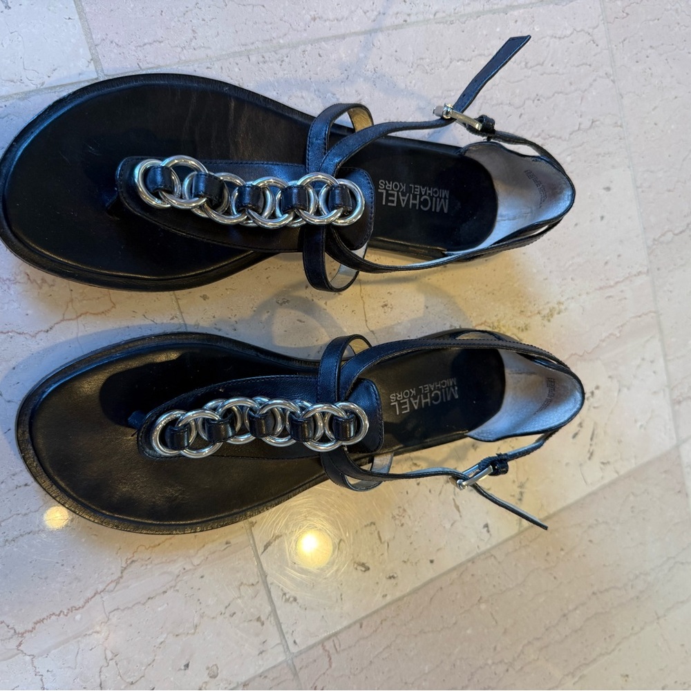 MICHAEL Michael Kors Black Sandals with Silver Chain Detail